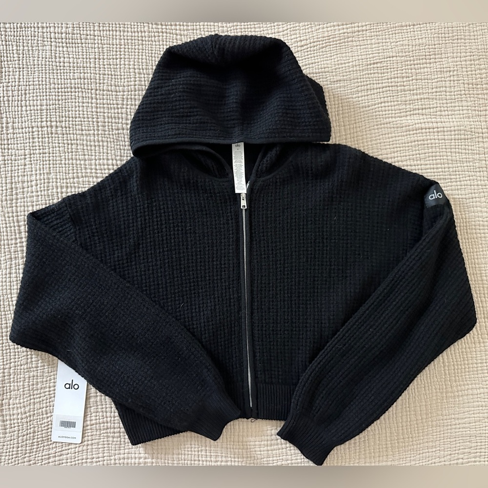 Alo Waffle Plush Cashmere Hoodie Full Zip Jacket Black, Size Medium - Brand New